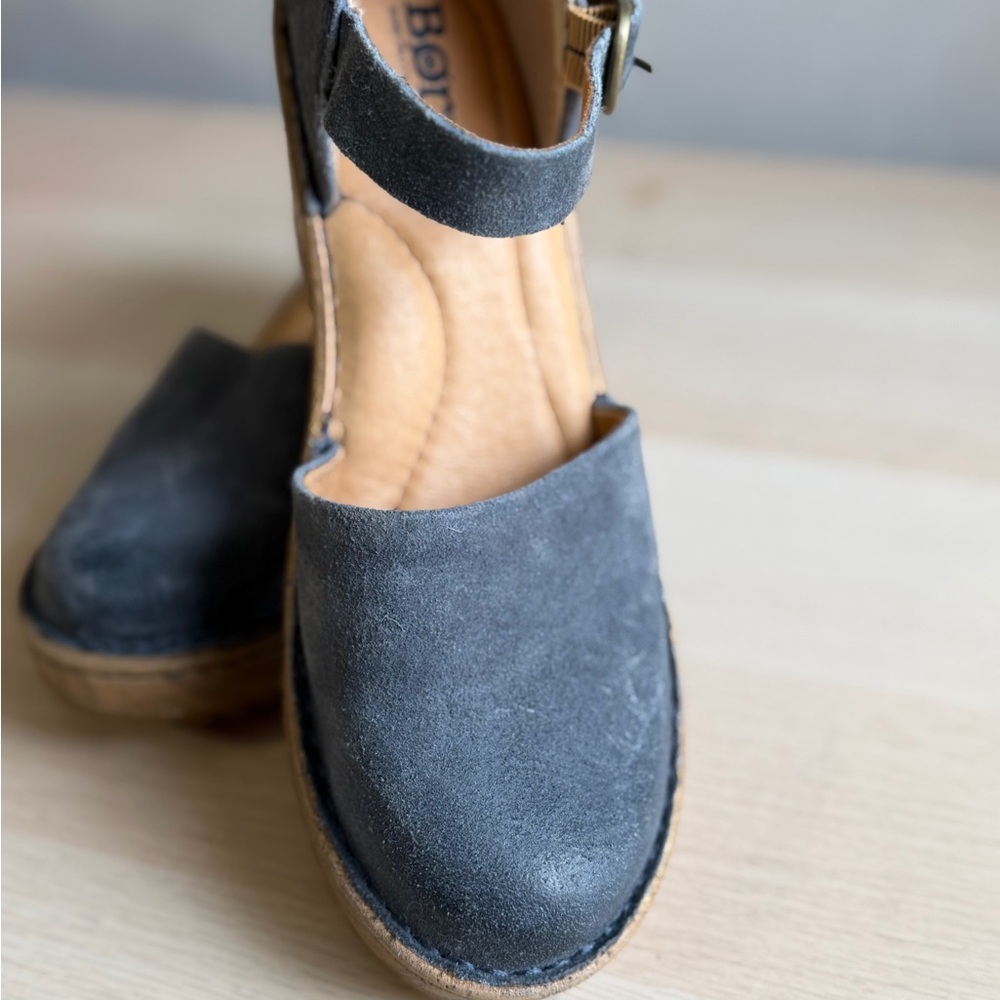Born Brand Nellie Buckle Strap Blue Suede Wedges